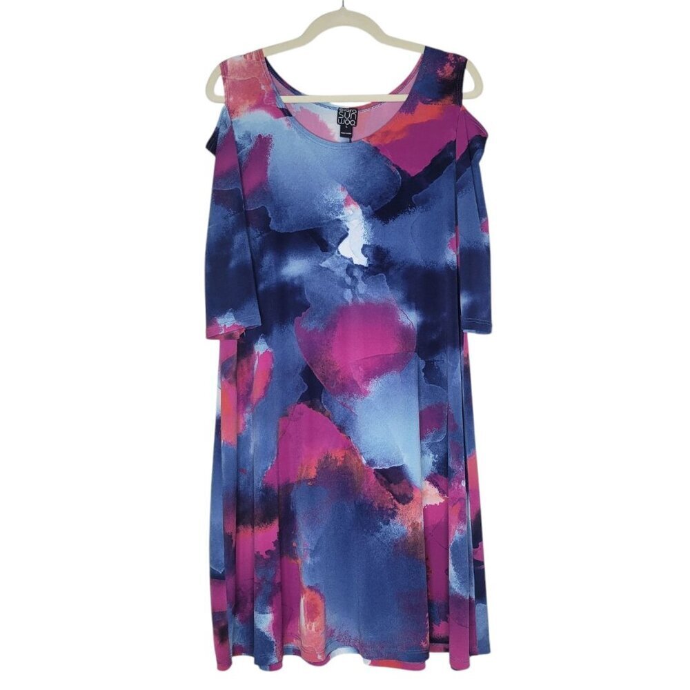 Clara Sun Woo Dress L Watercolor Knit Cold Shoulder Stretch Comfy Art To Wear - Picture 2 of 7